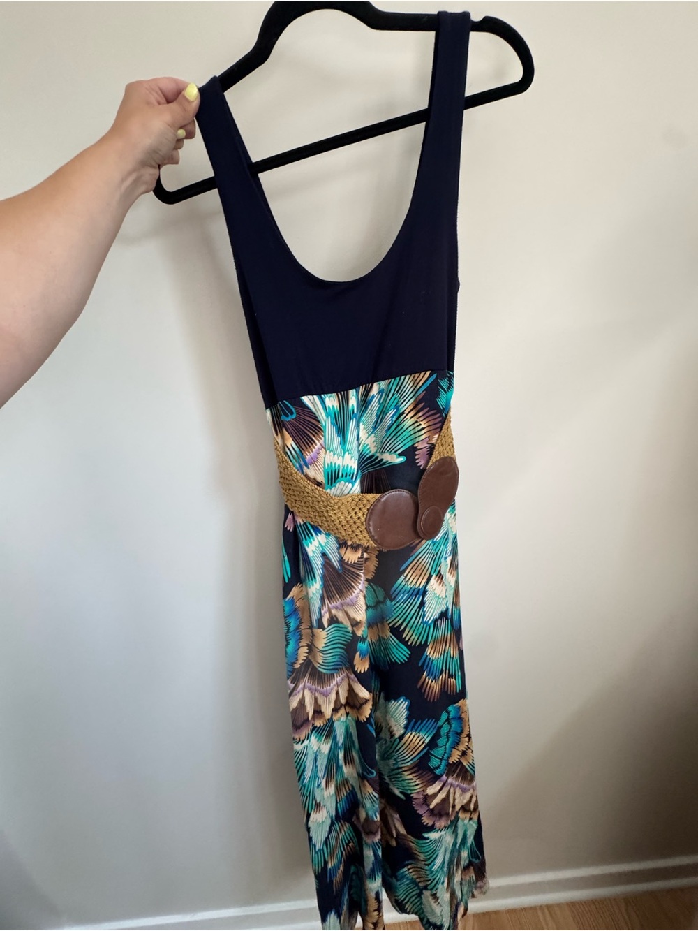 audrey Black Maxi Dress with Teal, Brown & Cream Feather Print